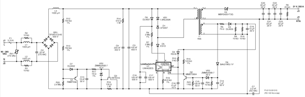 Schematic for 7 W dimmable LED driver using no electrolytic capacitors Image of Schematic for 7 W dimmable LED driver using no electrolytic capacitors