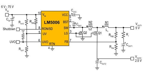A dual output synchronous buck regulator Image of A dual output synchronous buck regulator