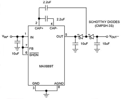 Charge pump IC MAX889 inverts the positive input voltage Image of Charge pump IC MAX889 inverts the positive input voltage