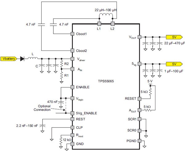 The TPS55065-based buck-boost circuit Image of The TPS55065-based buck-boost circuit
