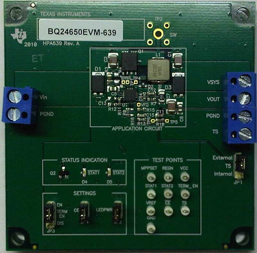 TI’s BQ24650EVM-639 evaluation board TI’s BQ24650EVM-639 evaluation board