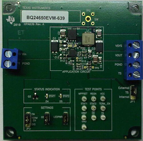 TI’s BQ24650EVM-639 evaluation board TI’s BQ24650EVM-639 evaluation board
