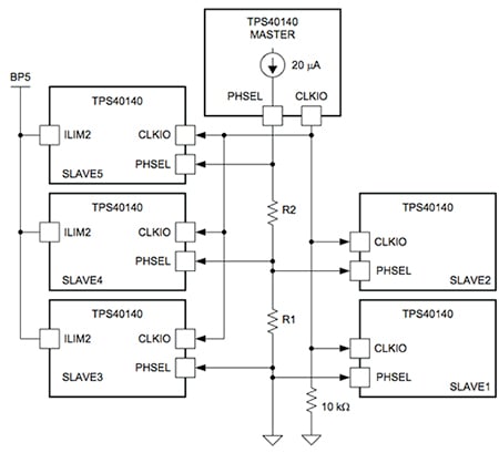 Twelve-phase configuration using six TPS40140 devices Image of twelve-phase configuration using six TPS40140 devices