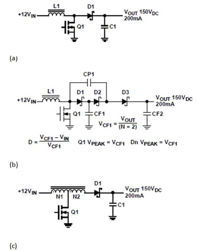 Analog Devices simple boost, charge-pump multiplied boost, and tapped-inductor boost Analog Devices 的简单升压、充电泵倍增式升压和抽头式电感器升压图