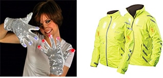 Sequined gloves LEDs and Visijax electronic cycle jacket Image of sequined gloves LEDs and Visijax electronic cycle jacket