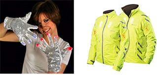 Sequined gloves LEDs and Visijax electronic cycle jacket Image of sequined gloves LEDs and Visijax electronic cycle jacket