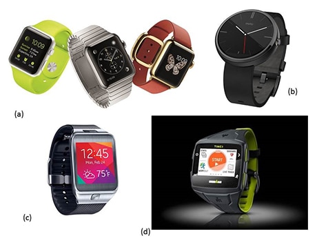Four of the latest smart watches Image of four of the latest smart watches