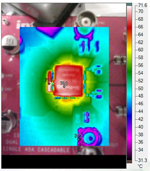 Intersil ISL8240M at 30 A load current Thermal image of Intersil ISL8240M at 30 A load current