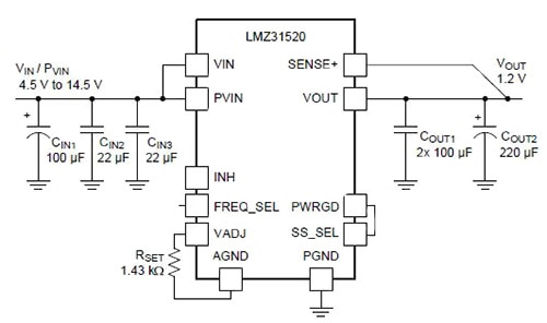 Texas Instruments LMZ31520 application schematic Image of Texas Instruments LMZ31520 application schematic