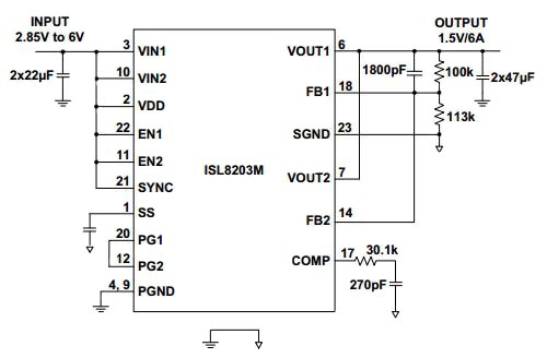 Intersil ISL8203M integrated step-down converter module Image of Intersil ISL8203M integrated step-down converter module