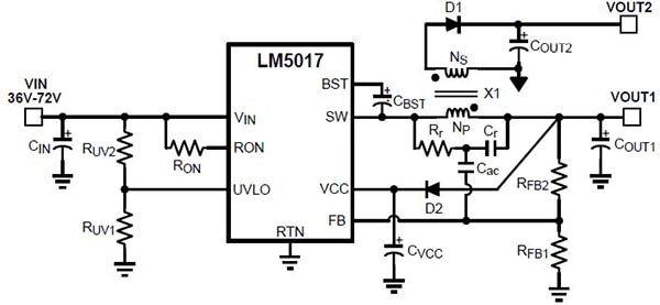 Fly-buck DC/DC converter based on Texas Instruments LM5017 100 V synchronous buck regulator Diagram of Fly-buck DC/DC converter based on Texas Instruments LM5017 100 V synchronous buck regulator