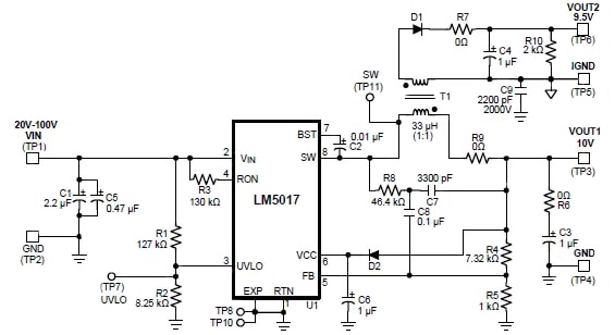 Texas Instruments LM5017-based isolated Fly-buck DC/DC converter Diagram of Texas Instruments LM5017-based isolated Fly-buck DC/DC converter