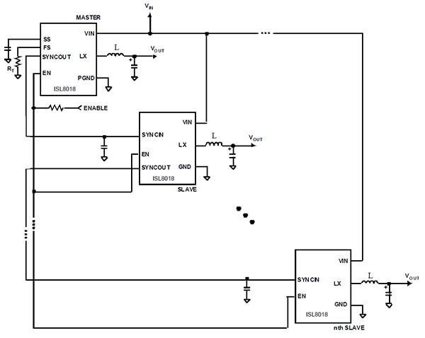 Intersil ISL8018 regulator master/slave configuration Diagram of Intersil ISL8018 regulator master/slave configuration