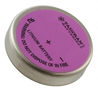 The Tadiran TL-2450 is a 3.6 V lithium disc cell designed for at least a 10-year lifetime; it comes with solder pins for “semi-permanent” installation rather than use a cell holder which might corrode over time. The Tadiran TL-2450 is a 3.6 V lithium disc cell designed for at least a 10-year lifetime; it comes with solder pins for “semi-permanent” installation rather than use a cell holder which might corrode over time.