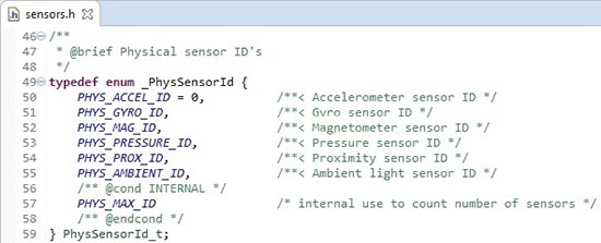PhysSensorId enumerator in the sensor header file Image of PhysSensorId enumerator in the sensor header file