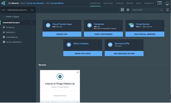 IBM Bluemix screen with IOTF service added IBM Bluemix screen with IOTF service added