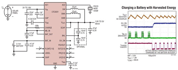 Using the LTC3331 from Linear Technology to harvest energy from solar or piezoelectric sources and charging a battery while a wearable system is in sleep mode Using the LTC3331 from Linear Technology to harvest energy from solar or piezoelectric sources and charging a battery while a wearable system is in sleep mode