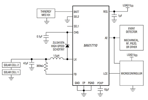 Interfacing a low voltage energy harvesting source such as solar cells to the Maxim MAX17710 power management Interfacing a low voltage energy harvesting source such as solar cells to the Maxim MAX17710 power management