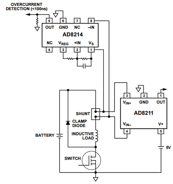 Analog Devices AD8211 and AD8214 together Diagram of Analog Devices AD8211 and AD8214 together