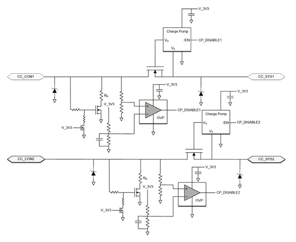 ESD and OVP circuit schematic for USB Type-C CC1 and CC2 pins (click for full-size) Diagram of ESD and OVP circuit schematic for USB Type-C CC1 and CC2 pins (click for full-size)