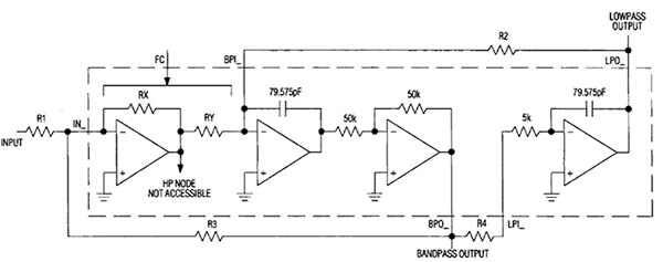 Maxim Integrated MAX274 quad continuous time active filter Diagram of a single section of a Maxim Integrated MAX274 quad continuous time active filter