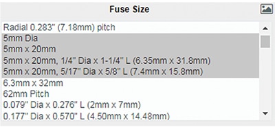 5 mm fuse sizes from the Digi-Key part search field Selection of 5 mm fuse sizes from the DigiKey part search field
