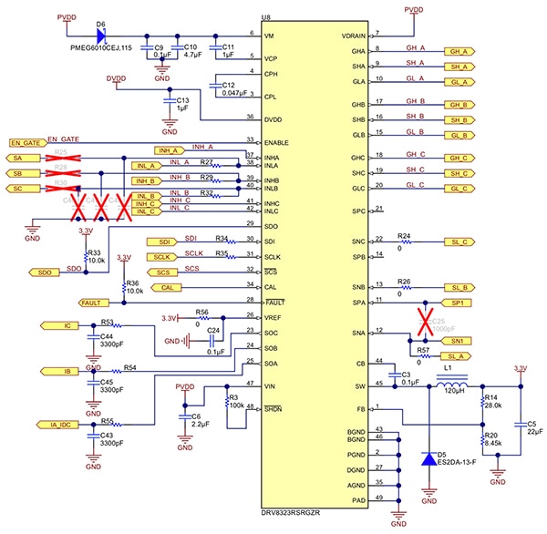 Application circuit for Texas Instruments DRV8323R gate driver Diagram of application circuit for Texas Instruments DRV8323R gate driver