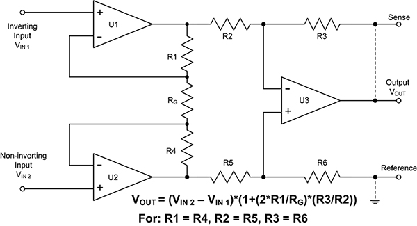 Three op amp configuration of an INA Diagram of three op amp configuration of an INA