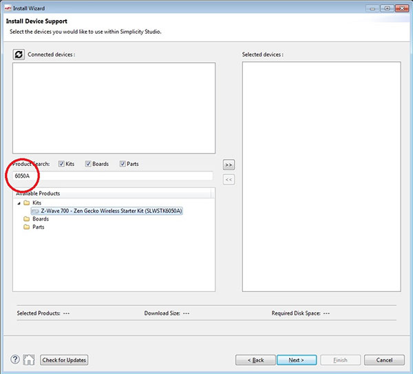 Typing “6050A” in the Simplicity Studio search box Bild: Eingabe von „6050A“ in das Suchfeld von Simplicity Studio