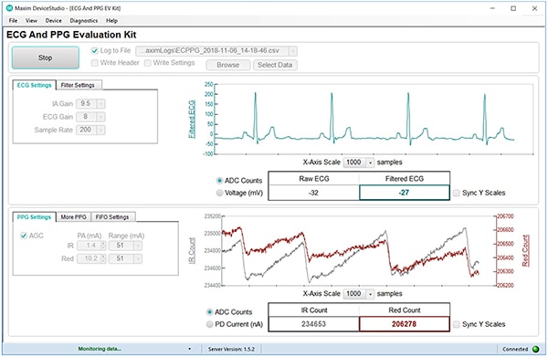 Maxim Integrated MAX86150EVSYS evaluation system's related software application (click to enlarge) Image of Maxim Integrated MAX86150EVSYS evaluation system's related software application (click to enlarge)