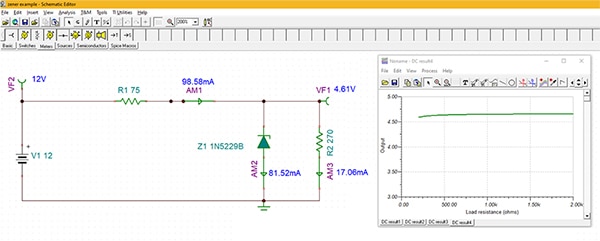 Schematic diagram of a basic voltage regulator using a Zener diode (click to enlarge) Image of schematic diagram of a basic voltage regulator using a Zener diode (click to enlarge)