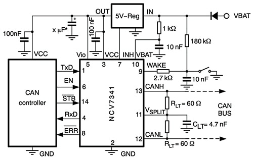 Application schematic for ON Semiconductor NCV7341D21R2G CAN transceiver Diagram of application schematic for ON Semiconductor NCV7341D21R2G CAN transceiver