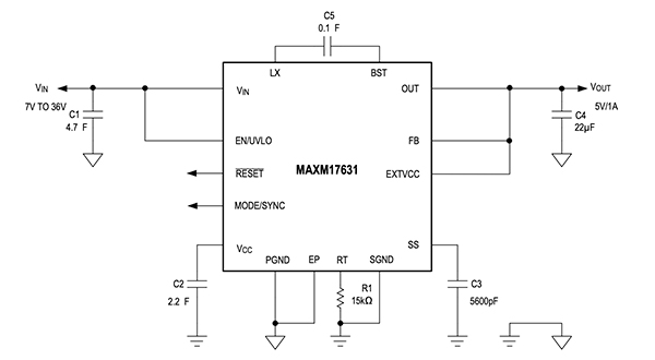 MAXM17631 of the Maxim Himalaya uSLIC family of DC-DC step-down power modules Diagram of MAXM17631 of the Maxim Himalaya uSLIC family of DC-DC step-down power modules