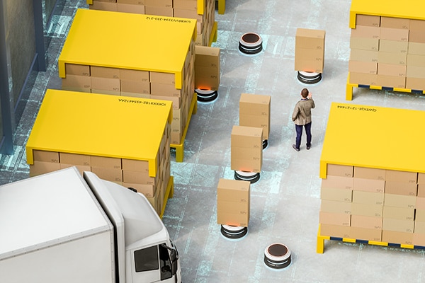 AGVs on the market today use LiDAR to navigate their factory Image des véhicules terrestres autonomes actuellement sur le marché qui utilisent le LiDAR pour se déplacer dans leur usine