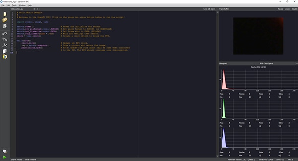 OpenMV IDE Python-based interface (click to enlarge) OpenMV IDE 基於 Python 的介面圖片 (按此放大)