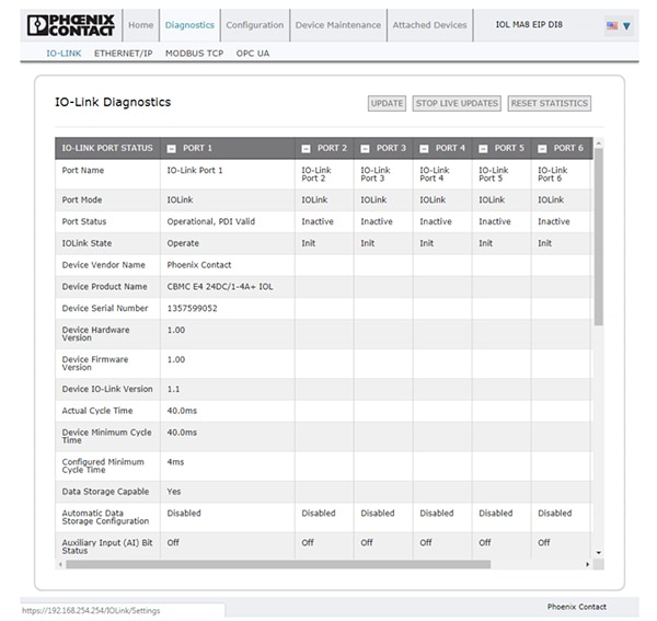 Web interface to the IO-Link master (click to enlarge) Image of web interface to the IO-Link master (click to enlarge)