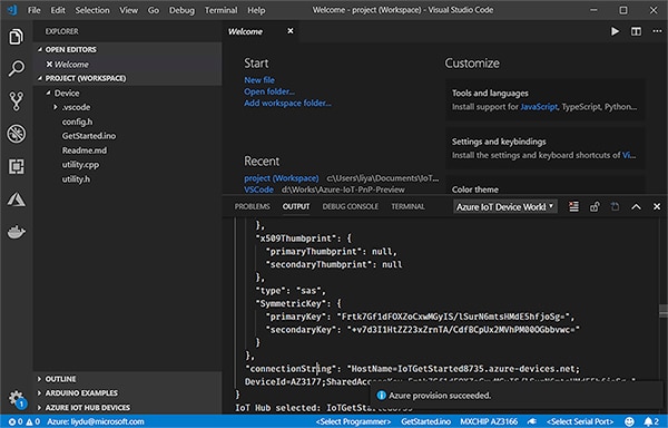 Sample code and credentials provided in the Microsoft Azure IoT Device Workbench Image of sample code and credentials provided in the Microsoft Azure IoT Device Workbench