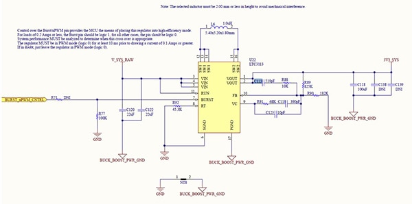 Case study LTC3113 buck-boost switching regulator circuit (click to enlarge) Schema del case study del circuito del regolatore di commutazione buck/boost LTC3113 (Fare clic per ingrandire)