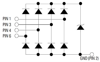 Diode array such as the Littelfuse SP3019-04HTG Diagram of diode array such as the Littelfuse SP3019-04HTG