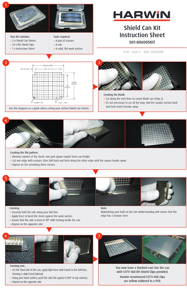 Harwin S01-806005 RFI Shield Can Kit Instruction Sheet (click to enlarge) รูปภาพของ Harwin S01-806005 แผ่นคำแนะนำ RFI Shield Can Kit