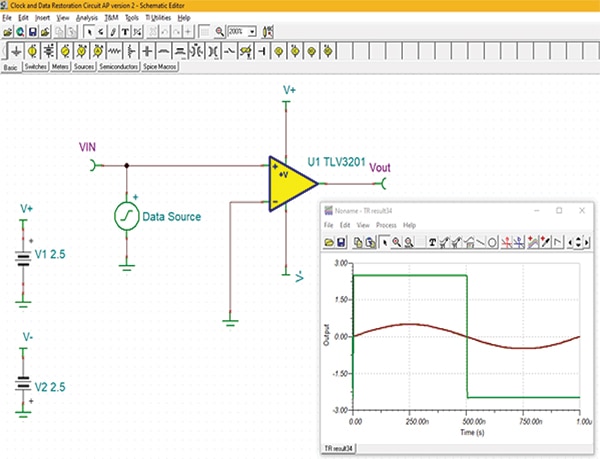 Basic operation of a comparator illustrated in a TINA-TI simulation (click to enlarge) 採用 TINA-TI 模擬的比較器基本操作圖片 (點選放大)