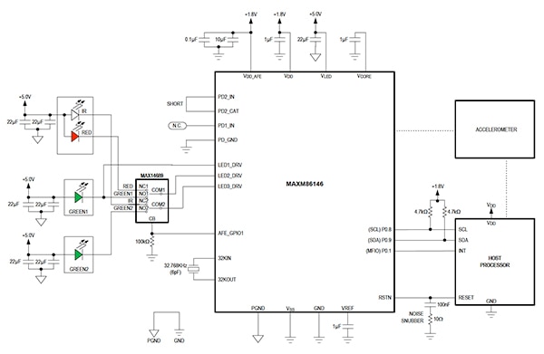 Maxim Integrated MAX86146 biosensing module (click to enlarge) Schéma du module de biodétection MAX86146 de Maxim Integrated (cliquez pour agrandir)