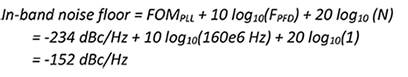 In-band noise floor = FOMPLL + 10 log10(FPFD) + 20 log10 (N) = -234 dBc/Hz + 10 log10(160e6 Hz) + 20 log10(1) = -152 dBc/Hz		 Equation 5