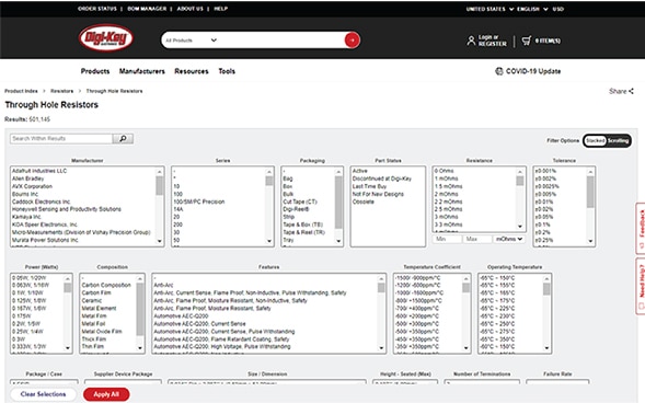 “Through Hole Resistors” with ‘Stacked’ (vertical) parameter filters expanded out Image de « Résistances à trou traversant » avec filtre paramétrique « Superposition » (vertical) développé