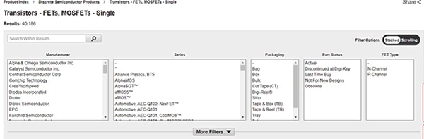 The “Transistors – FETs MOSFETs – Single” sub-category Image de la sous-catégorie « Transistors - FET, MOSFET - Simples »