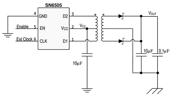 Texas Instruments SN6505 transformer driver combined with a Würth Elektronik 750315371 isolation transformer แผนภาพของไดรเวอร์หม้อแปลง Texas Instruments SN6505 รวมกับหม้อแปลงแยกWürth Elektronik 750315371