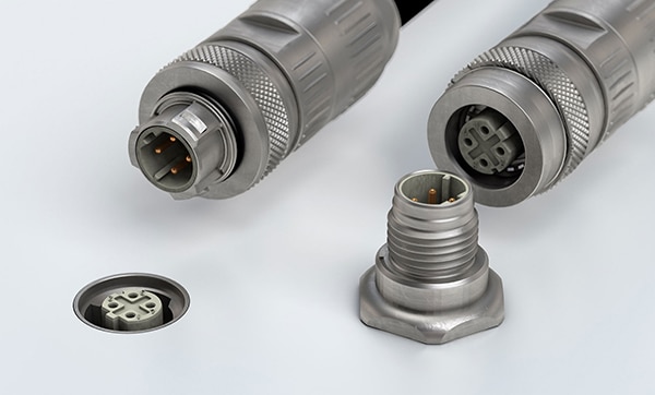 HARTING M12 PushPull connectors click into place Immagine dei connettori HARTING M12 PushPull a scatto in posizione