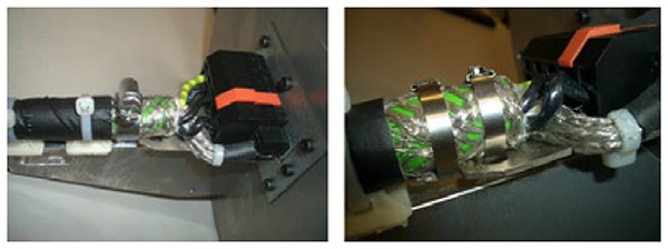 Connecting the cable shielding to the Weidmüller OMNIMATE Hybrid Power connector Image de la connexion du blindage du câble au connecteur OMNIMATE Power Hybrid de Weidmüller