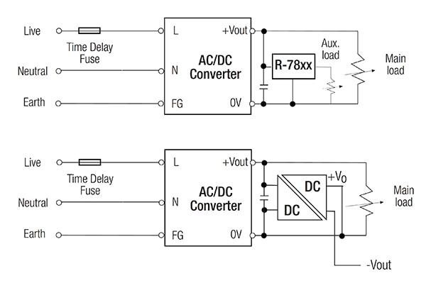 Switching regulator (RECOM R-78xx, on the top) or a DC/DC converter (bottom) Diagram of switching regulator (RECOM R-78xx, on the top) or a DC/DC converter (bottom)
