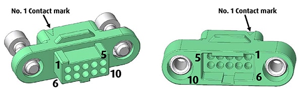 Harwin G125-2241096F1 receptacle housing mates with the G125-3241096M2 plug housing Immagine dell'alloggiamento della presa G125-2241096F1 che si accoppia con l'alloggiamento della spina G125-3241096M2 di Harwin